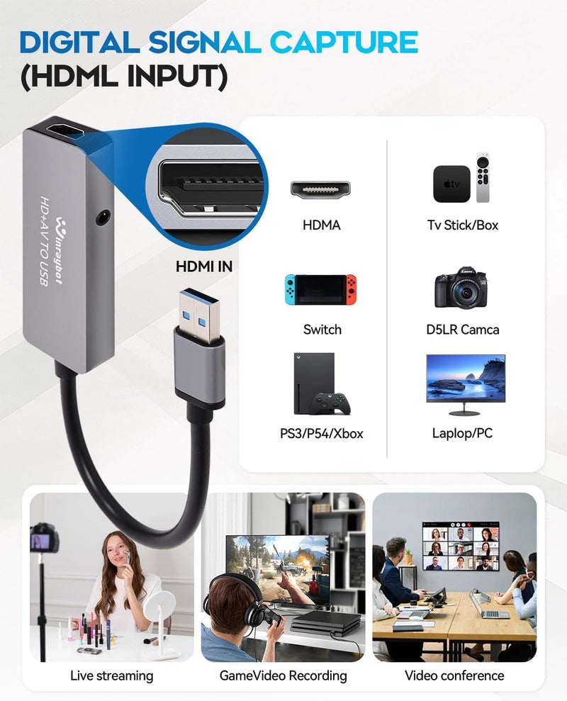 WinRaybot USB Video Capture Adapter, VHS to Digital Converter,Video Capture Card for VHS,RCA,HI9,hdmi for Video Streaming Convert VHS/DVD to Digital Format, RCA/S-Video/HDMI Input Optimized Version - Image 3